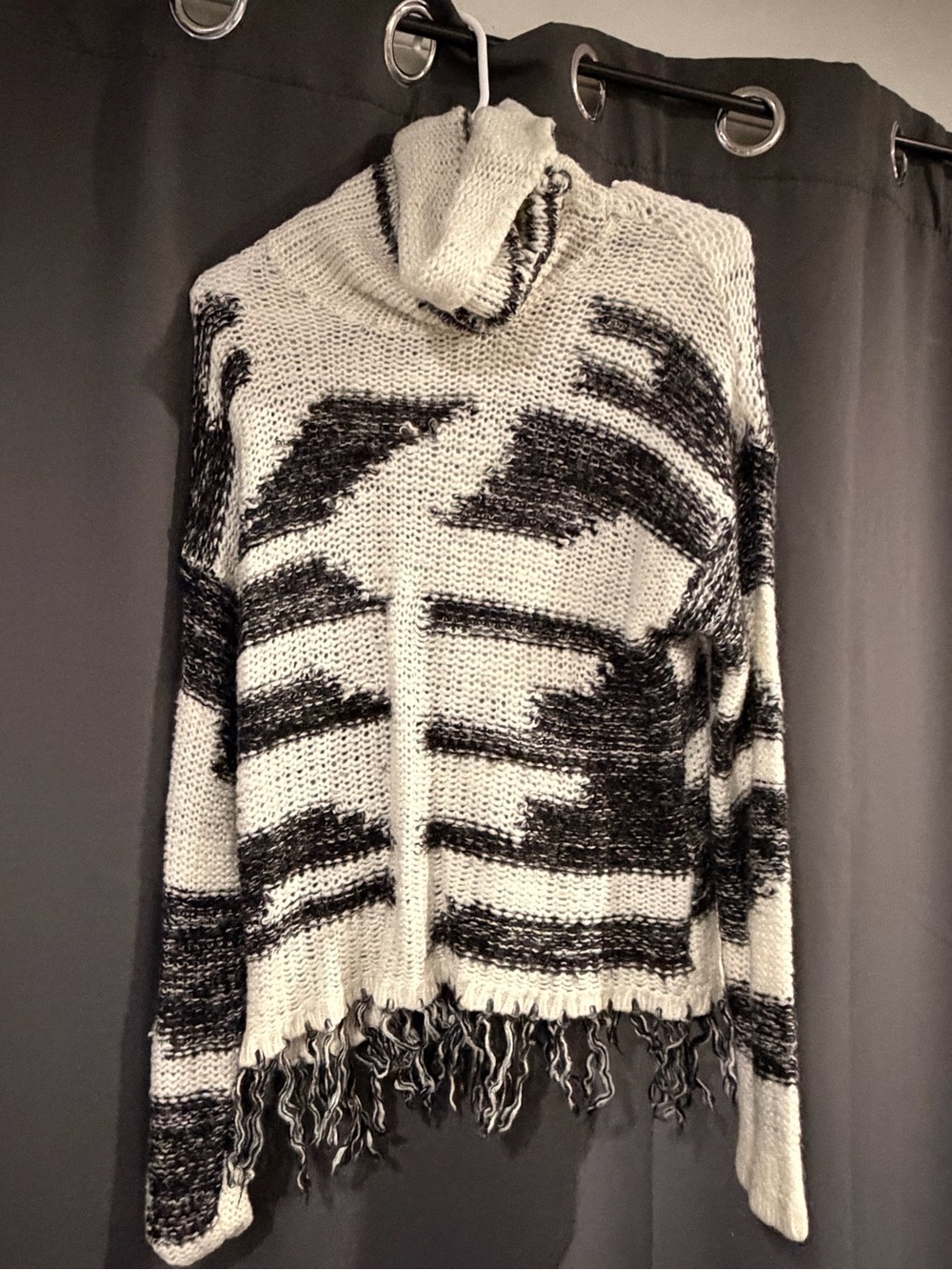 Say What? Black & White Striped Fringe Turtleneck Sweater